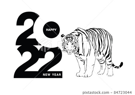 Happy new year 2022 year of the tiger black and white line drawing standing beside numbers 2022 for poster brochure banner invitation card vector illustration isolated on white background. Happy new year 2022 year of the tiger black and white line drawing standing beside numbers 2022 for poster brochure banner invitation card vector illustration isolated on white background. 84723044