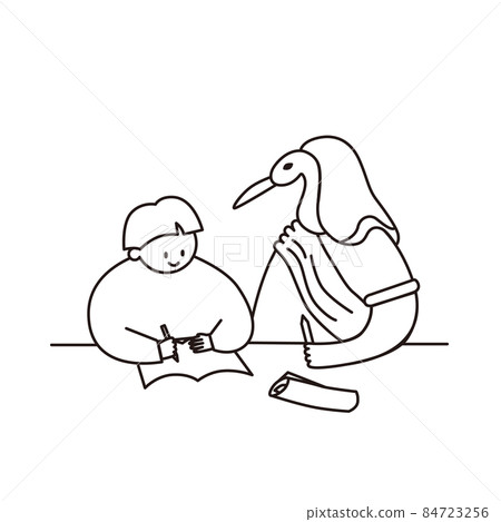 在智慧之神托託的注視下學習的兒童的線描插圖 84723256