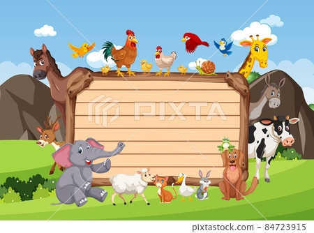 Empty wooden board with various wild animals in...-插圖素材 [84723915 ...