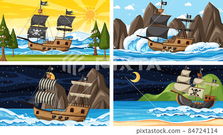 Set of ocean scenes at different times with Pirate ship in cartoon style 84724114