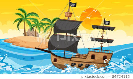 Ocean with Pirate ship at sunset time scene in cartoon style 84724115
