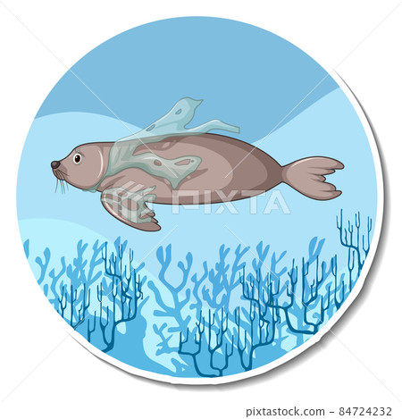 Seal stuck with plastic waste on white background 84724232