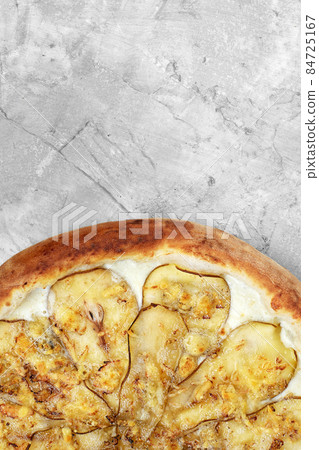 Pizza with pear, gorgonzola and on stone background. Top view. Pizza with pear, gorgonzola and on stone background. Top view. 84725167
