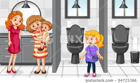 People in public toilet with cubicles scene 84725366