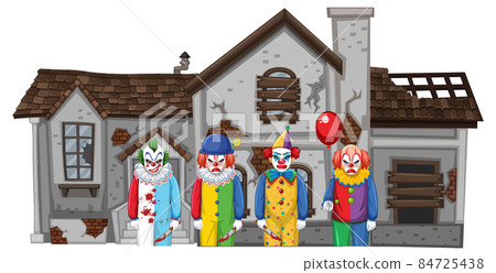 Creepy clowns standing in front of an abandoned house Creepy clowns standing in front of an abandoned house 84725438