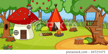 Outdoor scene with mushroom house and camping tent in the forest Outdoor scene with mushroom house and camping tent in the forest 84725475