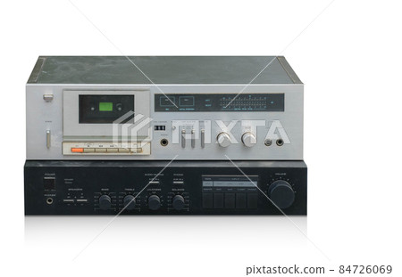 front view old silver tape player and black audio on white background, object, retro, copy space front view old silver tape player and black audio on white background, object, retro, copy space 84726069