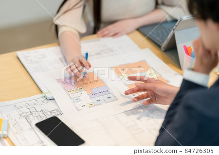 男商人向女建築師提供遠程辦公空間的指示 84726305