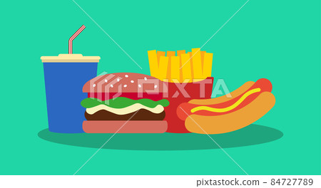 Fast food vector illustration. Junk food icon. Hot dog, french fries, hamburger and soft drink. 84727789