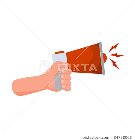 Hand hold speaker. Red megaphone. Concept of alerts and news. 84728008