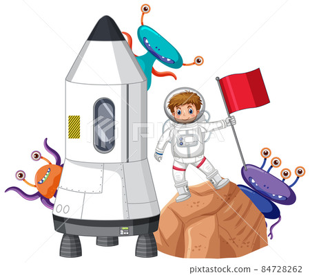Spaceship with astronaut and alien on white background 84728262