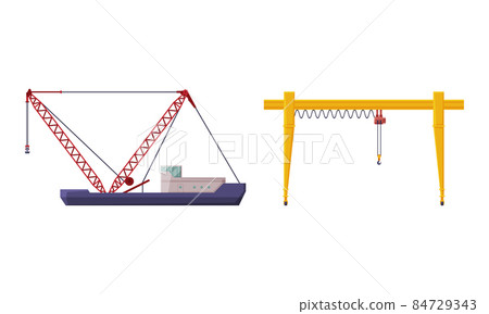 Crane Machine Equipped with Hoist Rope and Sheaves for Lifting and Lower Heavy Freight Vector Set 84729343