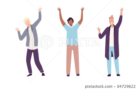 Excited Man with Raised Up Hands Cheering About Something Vector Set 84729622