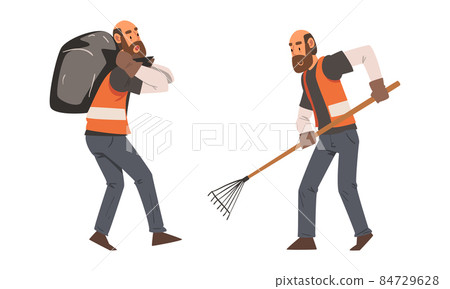 Bearded Man Janitor Wearing Orange Vest Carrying Bag with Garbage and with Rake Vector Set 84729628