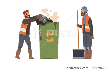 Bearded Man Janitor Wearing Orange Vest Gathering Garbage in Dustbin and Standing with Shovel Vector Set 84729629