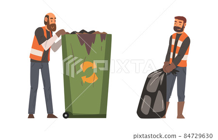 Bearded Man Janitor Wearing Orange Vest Gathering Garbage Vector Set 84729630