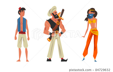 Bearded Wicked Man in Turban with Sword and Aladdin as Arabian Fairy Tale Character Vector Set Bearded Wicked Man in Turban with Sword and Aladdin as Arabian Fairy Tale Character Vector Set 84729632