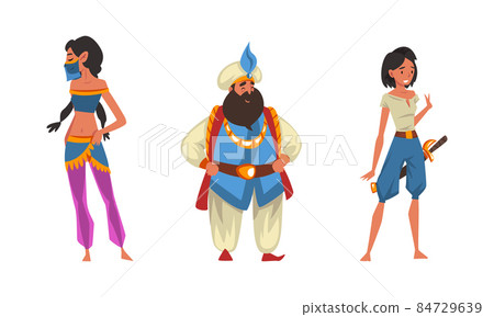 Bearded Man Sultan in Turban and Princess from Arabian Fairy Tale Character Vector Set 84729639