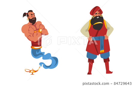 Bearded Wicked Genie or Djinn and Sultan in Turban from Arabian Fairy Tale Character Vector Set Bearded Wicked Genie or Djinn and Sultan in Turban from Arabian Fairy Tale Character Vector Set 84729643