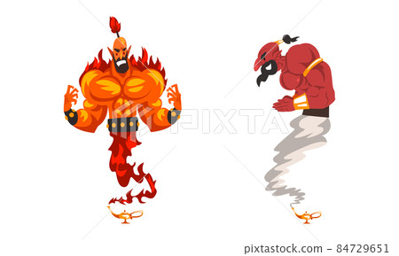 Bearded Wicked Genie or Djinn from Arabian Fairy Tale Character Vector Set 84729651