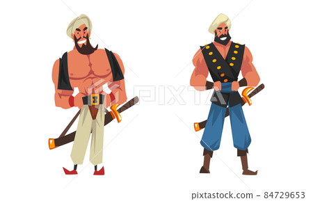 Bearded Wicked Man in Turban with Sword as Arabian Fairy Tale Character Vector Set 84729653
