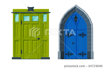 Door Facade in Vintage Style as Vertical Hinged Building Entry Vector Set Door Facade in Vintage Style as Vertical Hinged Building Entry Vector Set 84729696