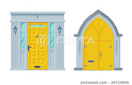 Door Facade in Vintage Style as Vertical Hinged Building Entry Vector Set 84729698