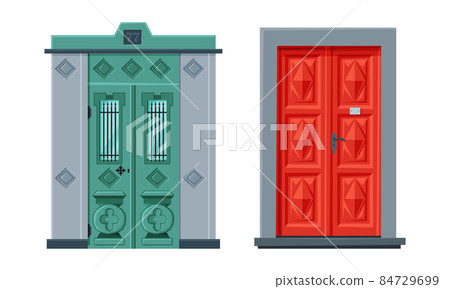 Door Facade in Vintage Style as Vertical Hinged Building Entry Vector Set 84729699