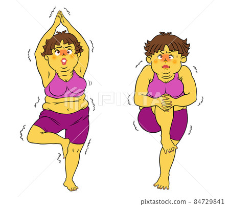 2 Sets Of Chubby Women Doing Yoga, Fitness, - Stock Illustration 