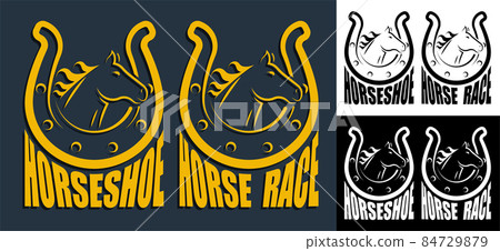 Silhouette of horse head on race against horseshoe background. Emblem of horse racing competition. Vector isolated on white background 84729879