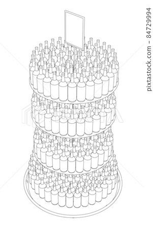 The outline of a circular counter with many bottles. Bottled drinks store counter. Isometric view. Vector illustration The outline of a circular counter with many bottles. Bottled drinks store counter. Isometric view. Vector illustration 84729994
