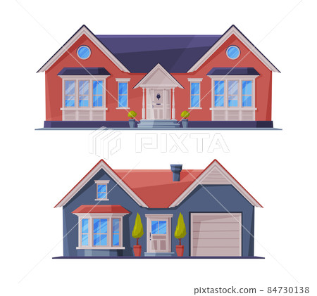 Detached House or Cottage Facade and Exterior as Suburban Residential Property Vector Set Detached House or Cottage Facade and Exterior as Suburban Residential Property Vector Set 84730138
