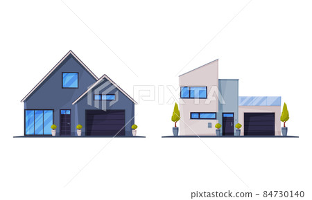 Detached House or Cottage Facade and Exterior as Suburban Residential Property Vector Set 84730140