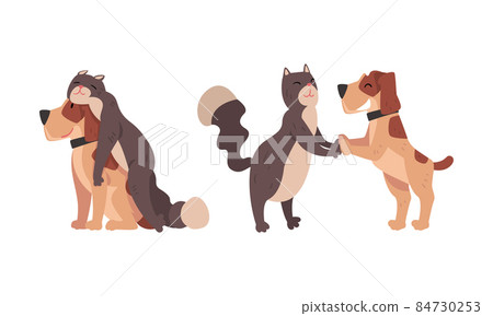 Funny Cat and Dog Best Friend Buddy up with Each Other Vector Set. Funny Cat and Dog Best Friend Buddy up with Each Other Vector Set. 84730253