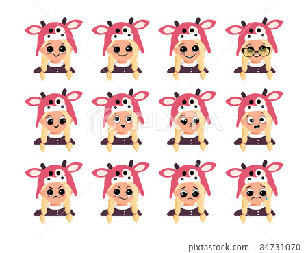 Set of girl avatar with big eyes and wide smile and different emotions in cow hat. Cute child with joyful, sad or angry face in carnival costume for holiday or new year Set of girl avatar with big eyes and wide smile and different emotions in cow hat. Cute child with joyful, sad or angry face in carnival costume for holiday or new year 84731070