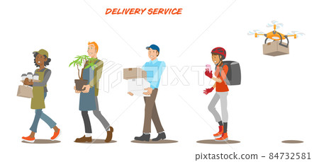 多民族送貨服務人員和無人機送貨 84732581