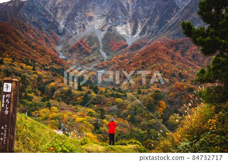 Mountain surface, autumn leaves and people 84732717