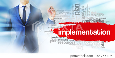 Businessman shows Implementation word cloud collage, business concept background Businessman shows Implementation word cloud collage, business concept background 84733426