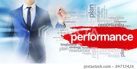Businessman shows Performance word cloud collage, business concept background Businessman shows Performance word cloud collage, business concept background 84733428