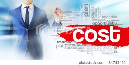 Businessman shows COST word cloud collage, business concept background 84733431