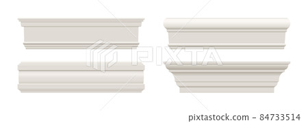 Set of white skirting baseboard moulding. Ceiling crown on white background. Set of white skirting baseboard moulding. Ceiling crown on white background. 84733514