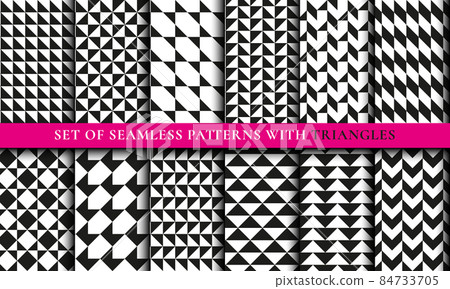 Abstract ornament with black triangles on white background. Geometric seamless patterns set Abstract ornament with black triangles on white background. Geometric seamless patterns set 84733705