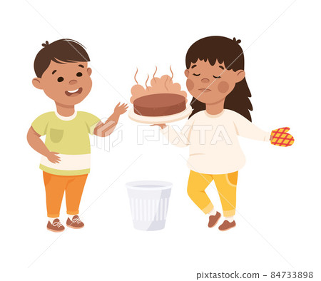 Little Boy Supporting and Comforting Sad Girl with Burned Cake Vector Illustration 84733898