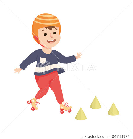 Little Boy on Roller Skates in Skate Park Wearing Protective Helmet Having Fun and Enjoying Recreational Activity Vector Illustration Little Boy on Roller Skates in Skate Park Wearing Protective Helmet Having Fun and Enjoying Recreational Activity Vector Illustration 84733975