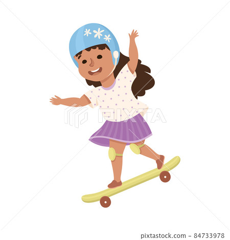 Little Girl on Skateboard in Skate Park in Helmet and Kneepads Having Fun and Enjoying Recreational Activity Vector Illustration 84733978