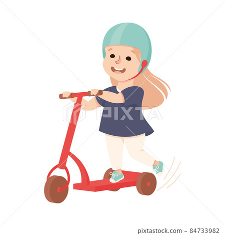 Little Girl on Scooter in Skate Park Having Fun and Enjoying Recreational Activity Vector Illustration 84733982