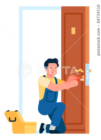 Man fixing door knob. Repairman working with screwdriver and pliers Man fixing door knob. Repairman working with screwdriver and pliers 84734510