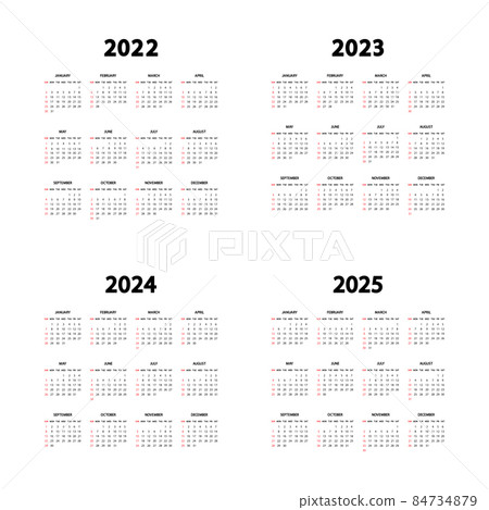 Calendar 2022, 2023, 2024 and 2025 years. The week starts Sunday. Annual English calendars template. Stationery vertical template in simple, minimal design. Portrait orientation 84734879