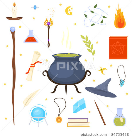 Wizard with magic attributes on white background vector illustration. Collection of magical symbols. Set of magician tools and male wizard character. Wizard with magic attributes on white background vector illustration. Collection of magical symbols. Set of magician tools and male wizard character. 84735428