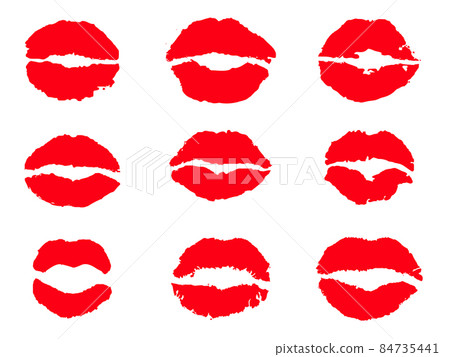 Red female glossy lips collection of various emotions. Different shapes of female red lips. lips makeup, 84735441